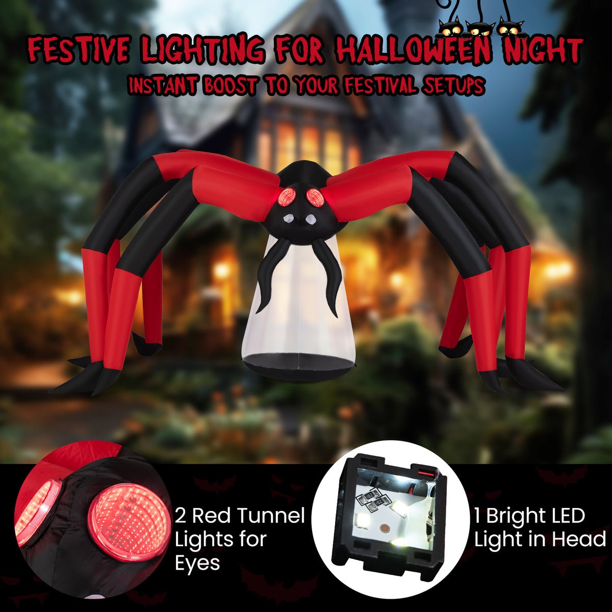 Halloween Inflatable Spider with Red Tunnel Light Eyes 10ft Yard Decoration