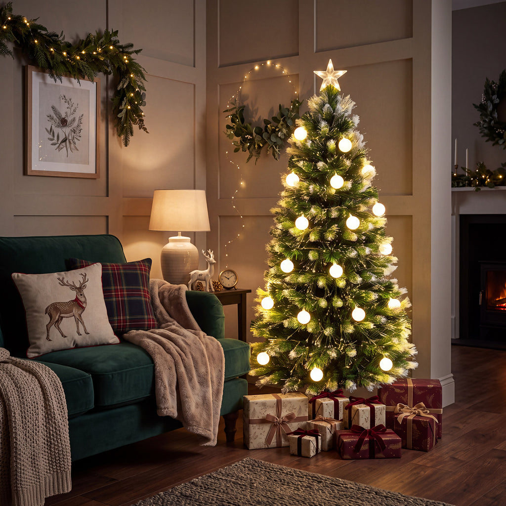 5 FT Pre-Lit Artificial Christmas Tree with Dazzling Optical Fibers - Frosted Leaves