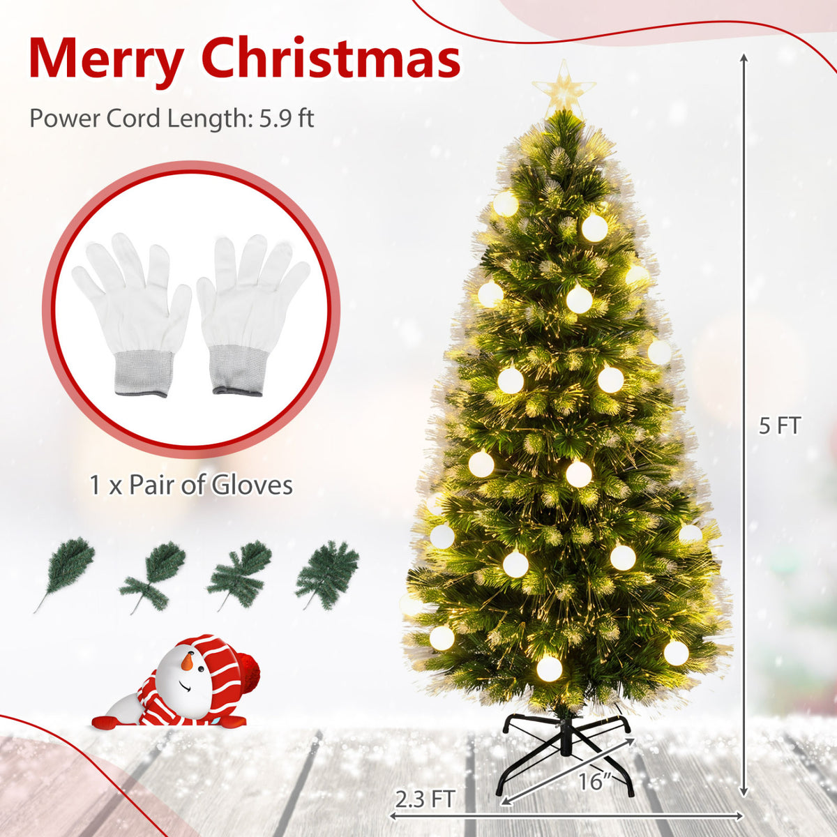 5 FT Pre-Lit Artificial Christmas Tree with Dazzling Optical Fibers - Frosted Leaves