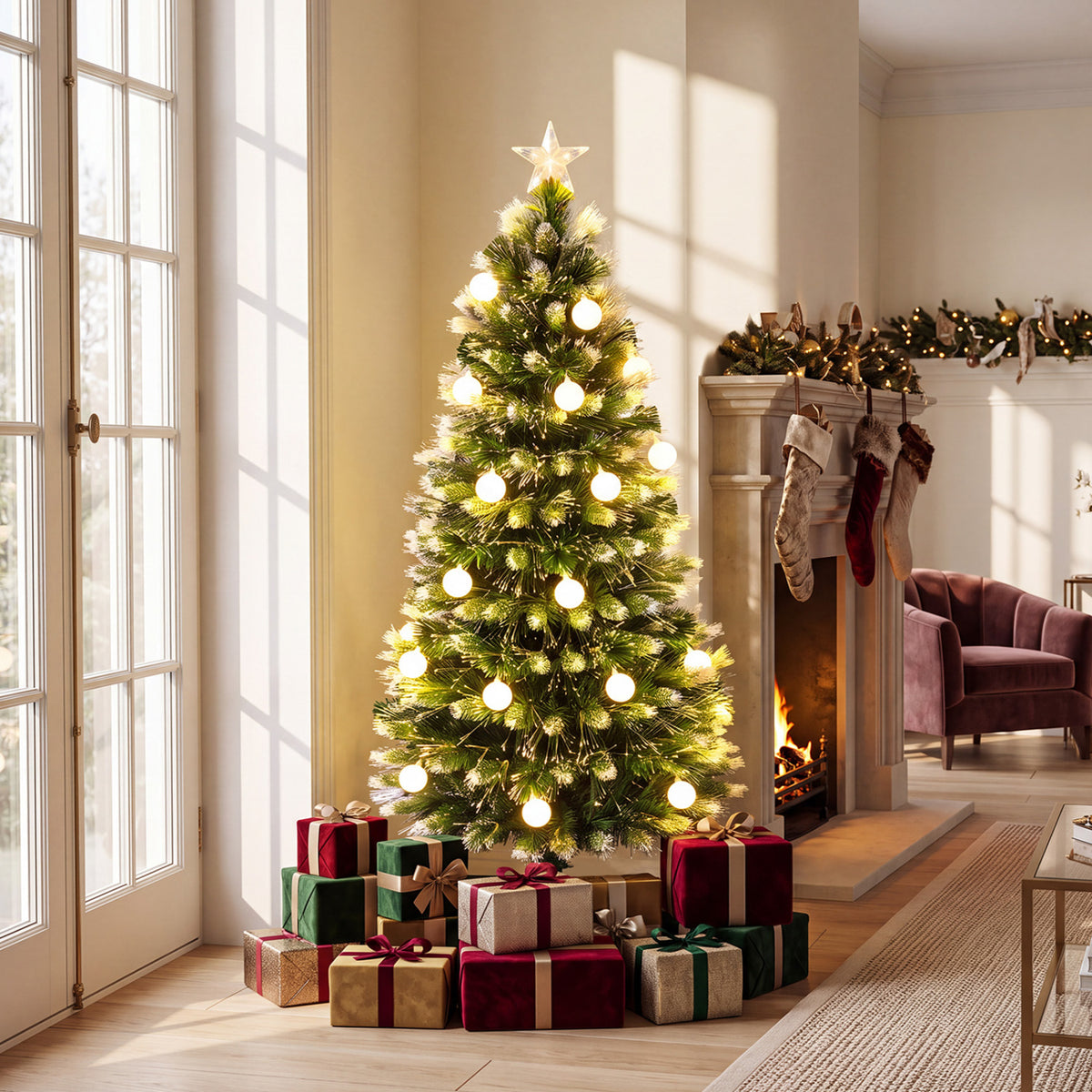 5 FT Pre-Lit Artificial Christmas Tree with Dazzling Optical Fibers - Frosted Leaves