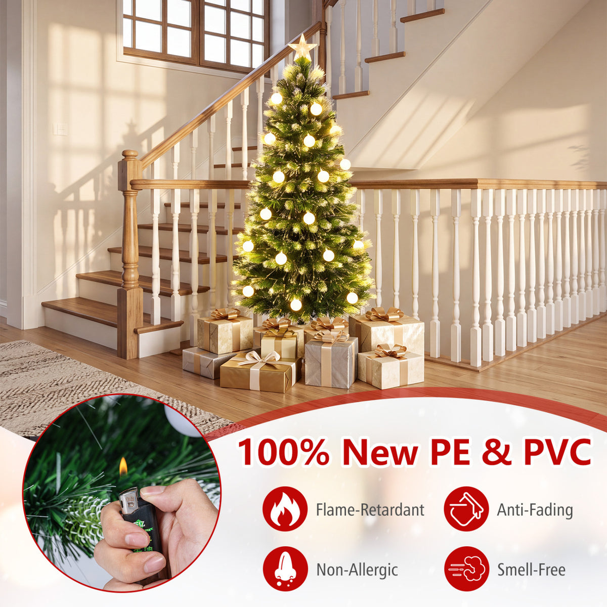 5 FT Pre-Lit Artificial Christmas Tree with Dazzling Optical Fibers - Frosted Leaves