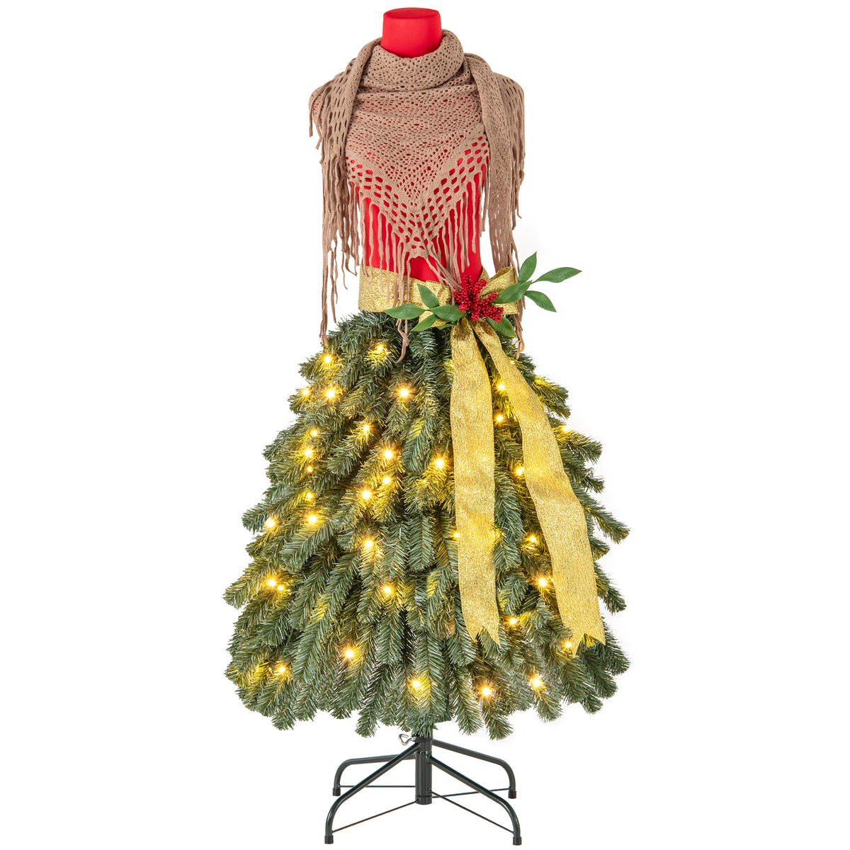 Pre-lit Artificial Christmas Tree Dress Form with Red Berries & Gold Ribbon - 5 FT with Scarf
