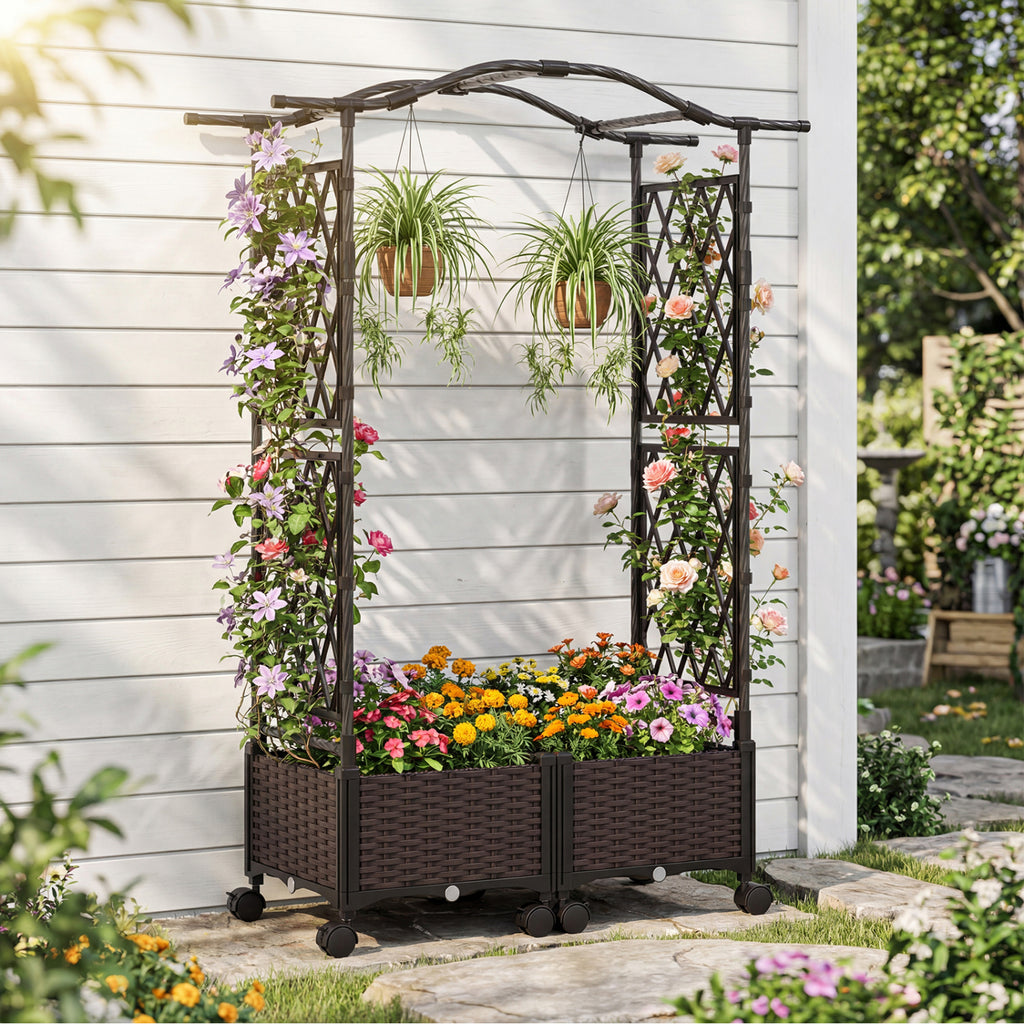 5 FT Self-Watering Planter Box with Lattice Trellis - Brown