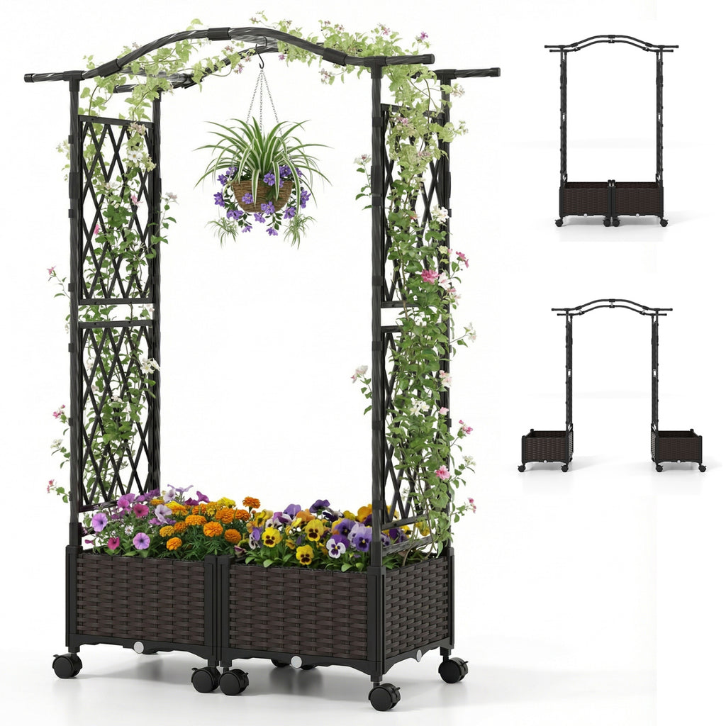 5 FT Self-Watering Planter Box with Lattice Trellis - Brown