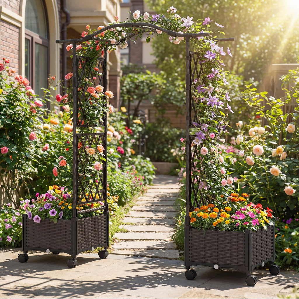 5 FT Self-Watering Planter Box with Lattice Trellis - Brown