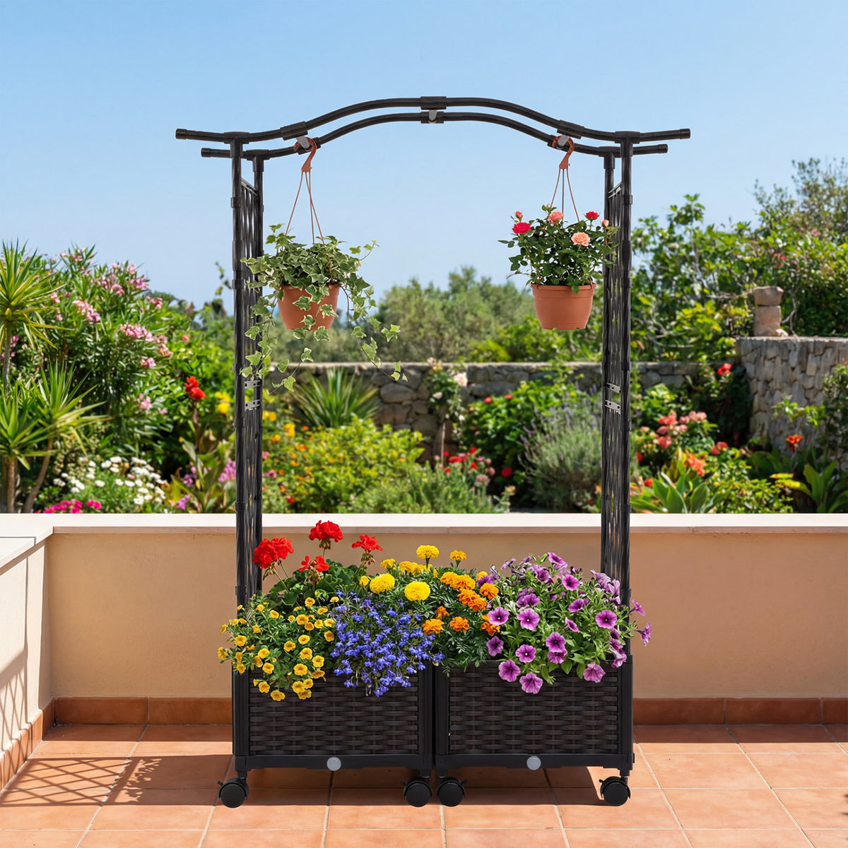 5 FT Raised Garden Bed with Trellis & Lockable Wheels - Set of 2, Brown