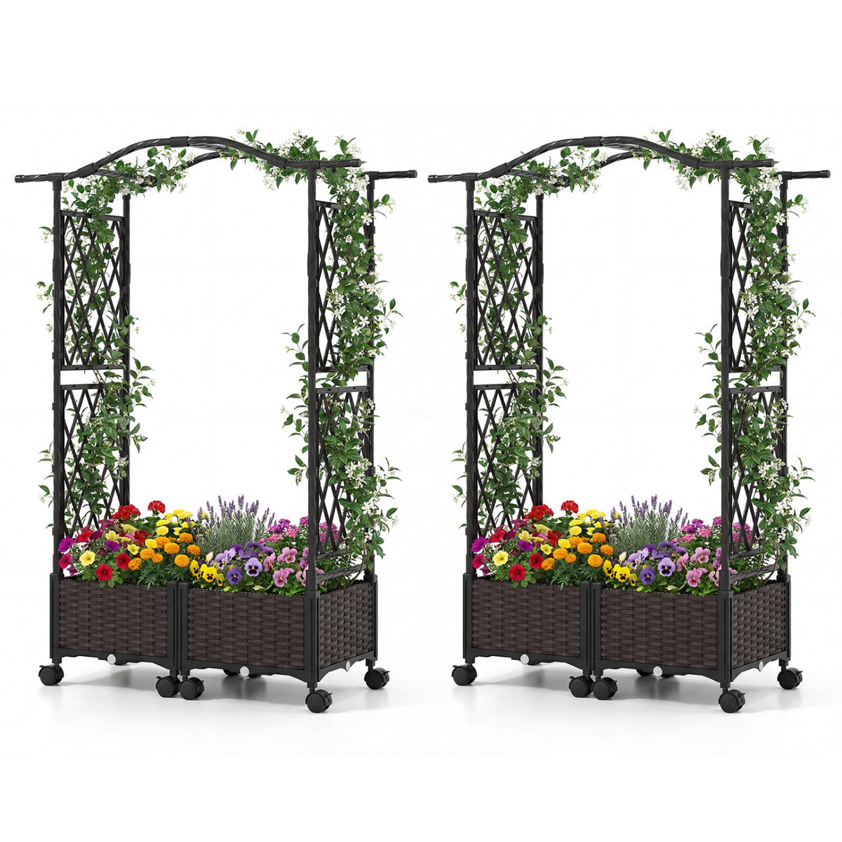 5 FT Raised Garden Bed with Trellis & Lockable Wheels - Set of 2, Brown