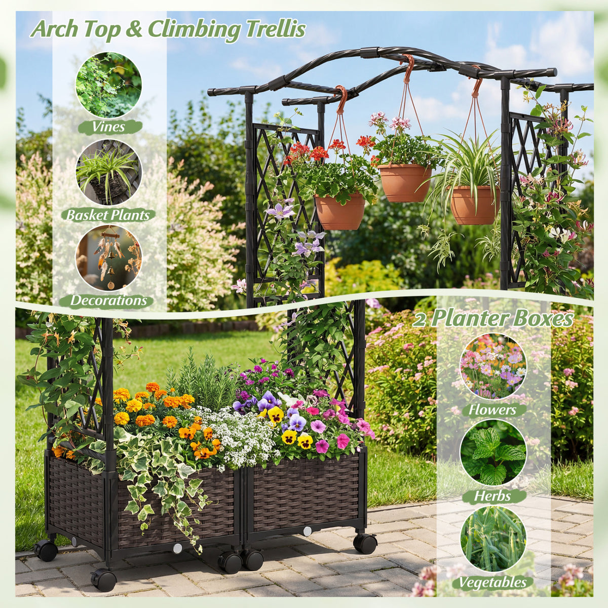 5 FT Raised Garden Bed with Trellis & Lockable Wheels - Set of 2, Brown