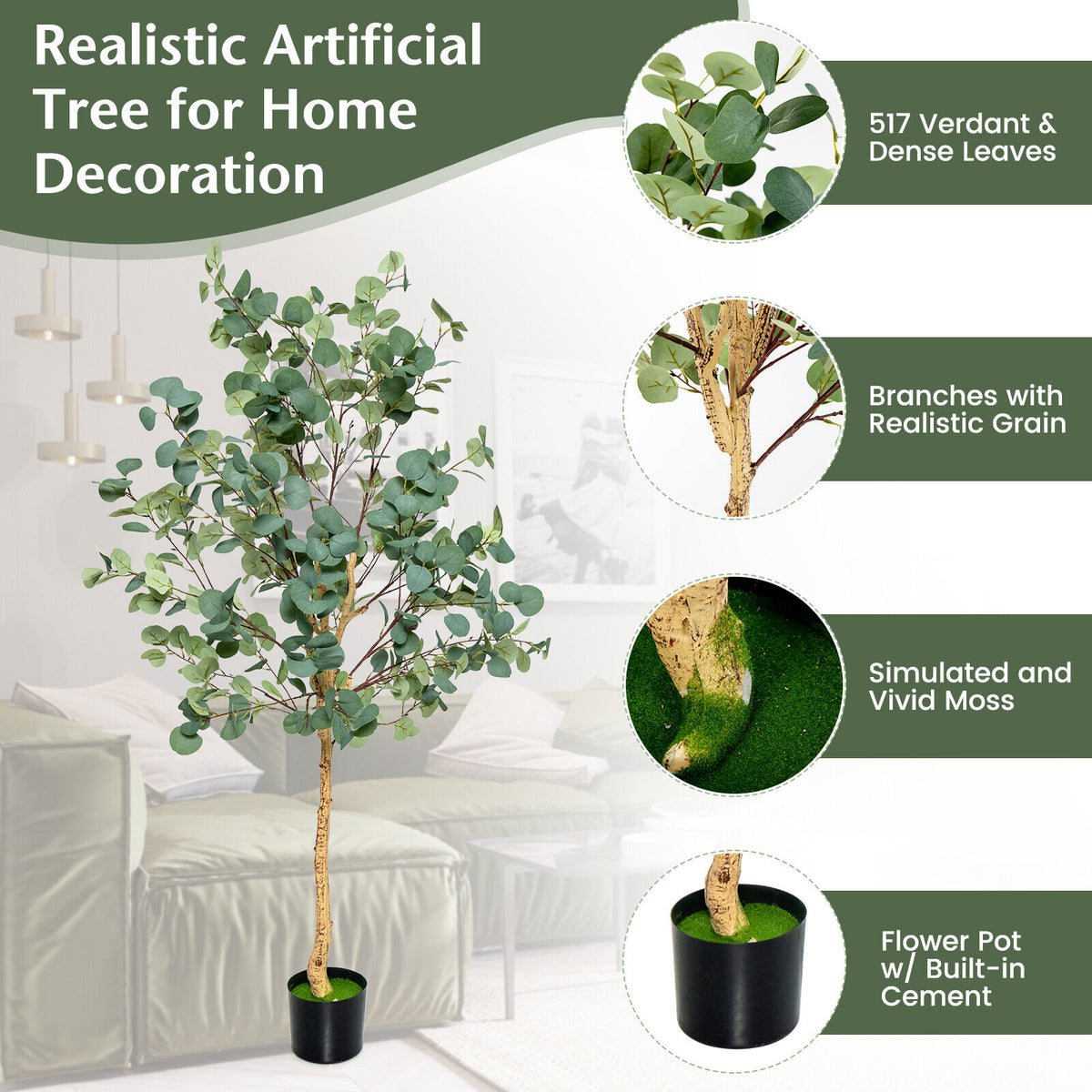Artificial Eucalyptus Tree 5.5 Feet with 517 Silver Dollar Leaves - 1 Piece