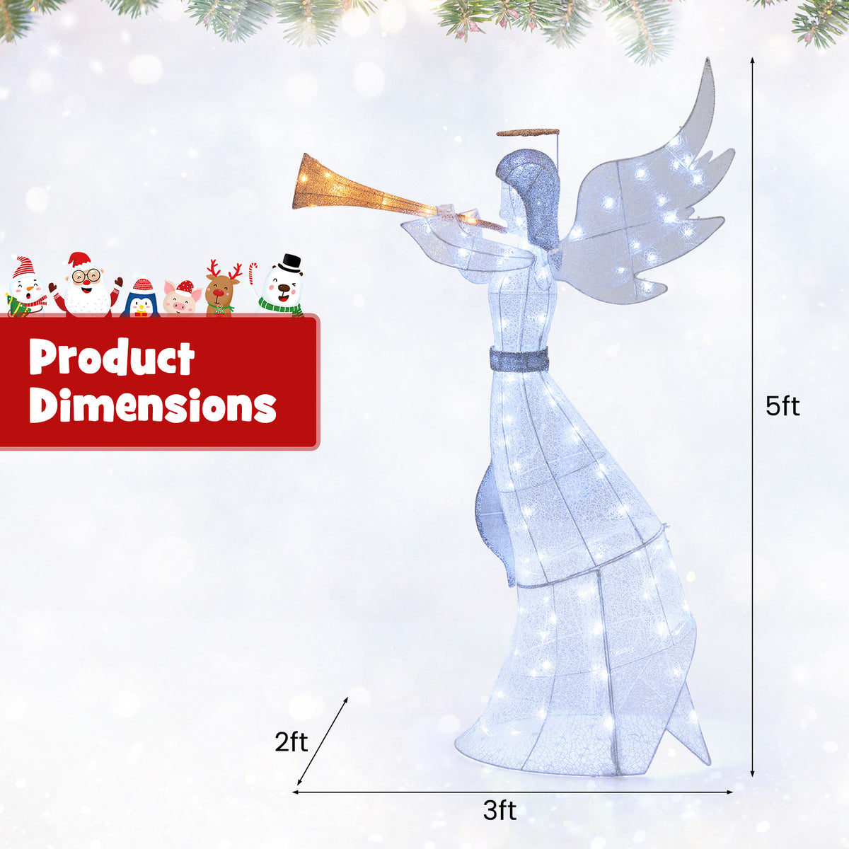 5 Feet Christmas Angel with 100 LED Lights & Ground Stakes - Trumpet Variation