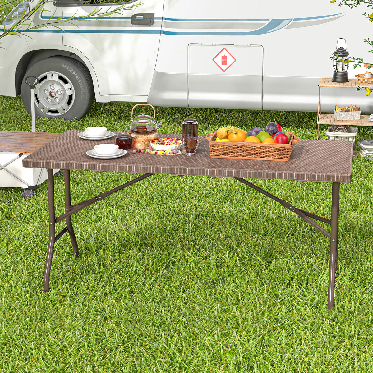 5FT Folding Picnic Table with Rattan Grain HDPE Tabletop and Sturdy