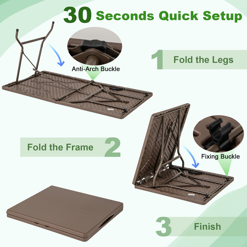 5FT Folding Picnic Table with Rattan Grain HDPE Tabletop and Sturdy