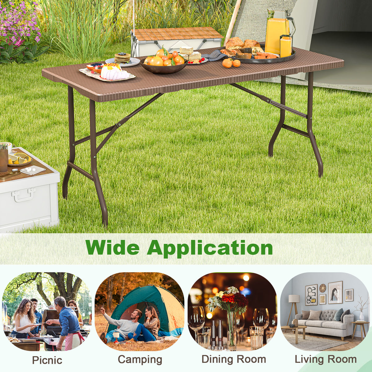 5FT Folding Picnic Table with Rattan Grain HDPE Tabletop and Sturdy