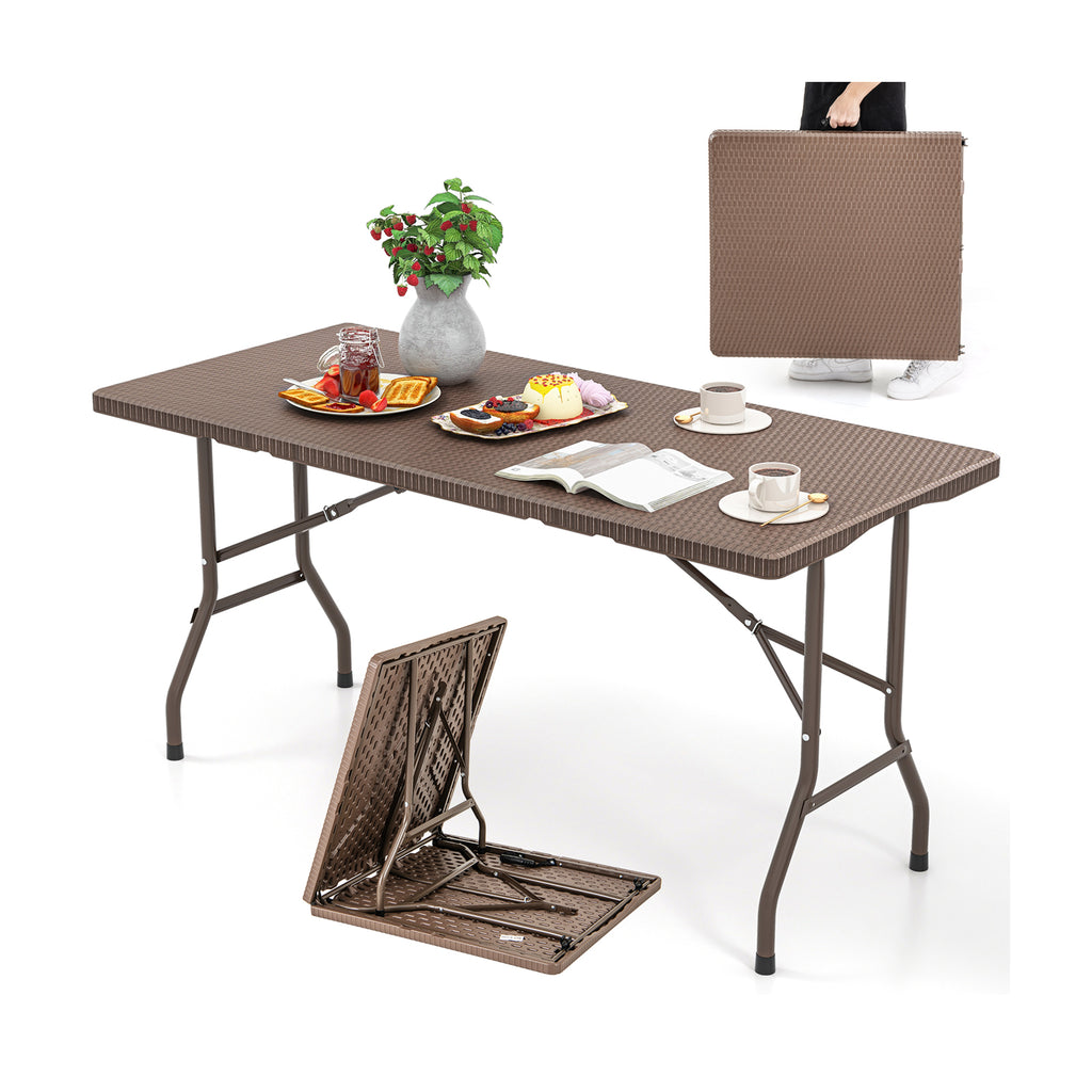 5FT Folding Picnic Table with Rattan Grain HDPE Tabletop and Sturdy