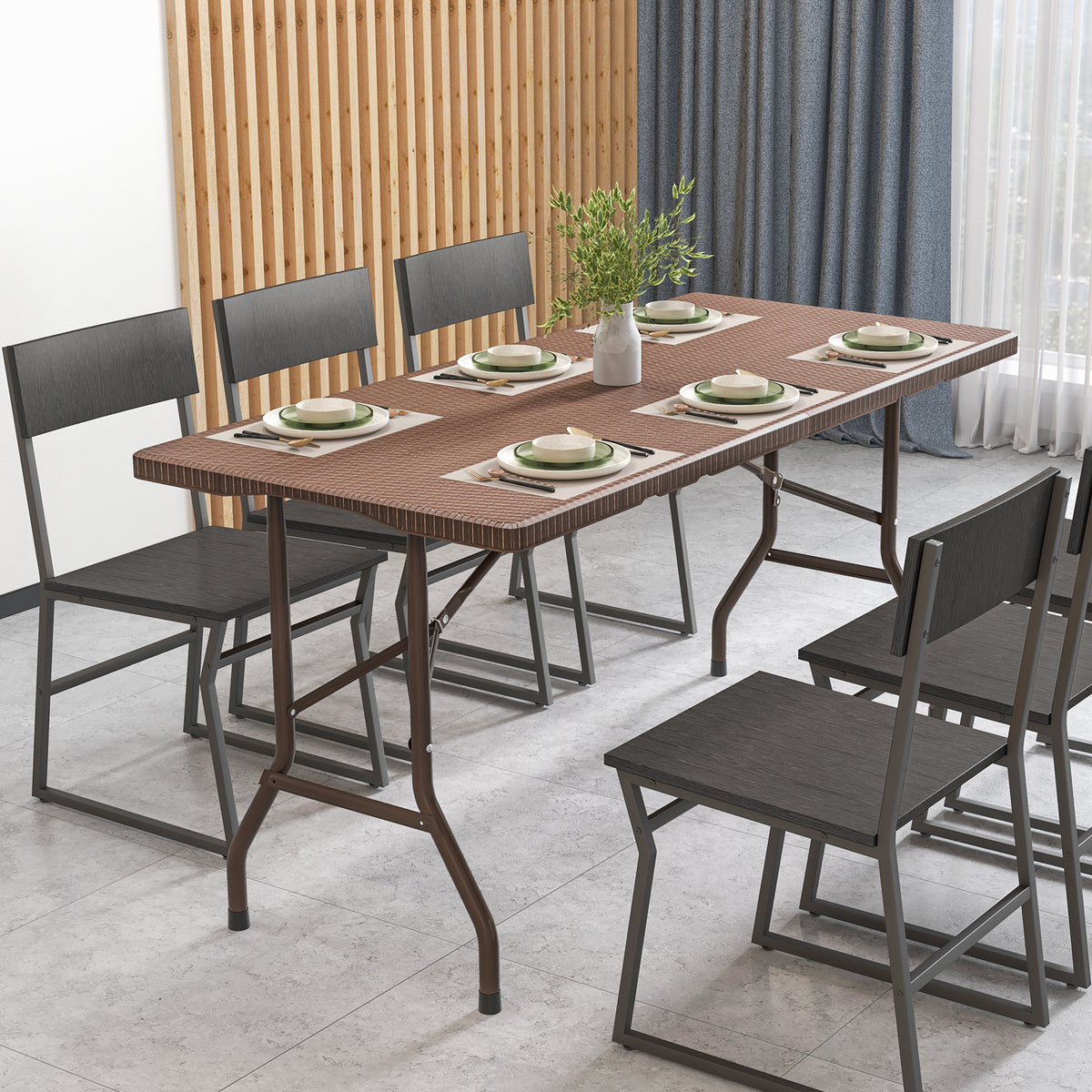 5FT Folding Picnic Table with Rattan Grain HDPE Tabletop and Sturdy