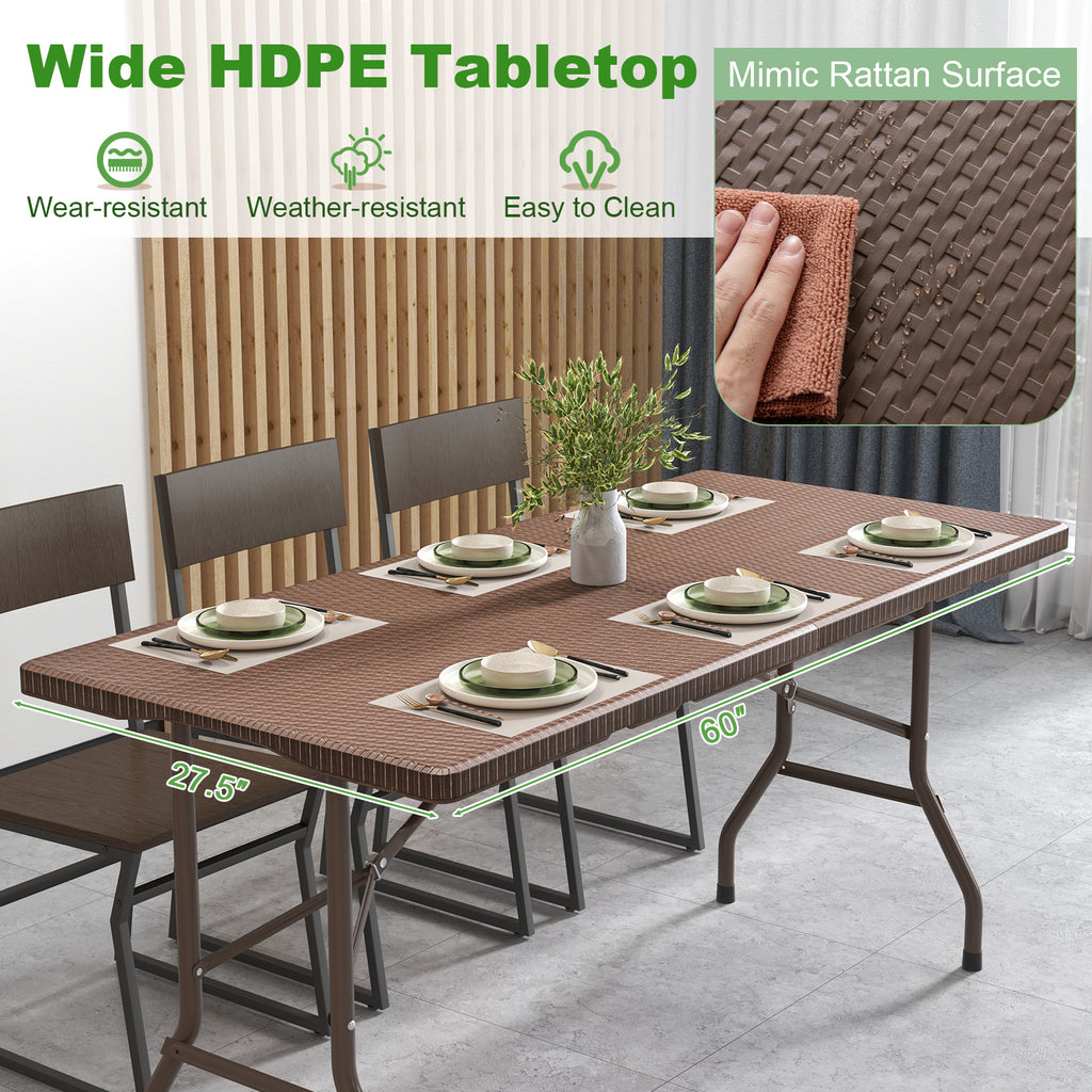 5FT Folding Picnic Table with Rattan Grain HDPE Tabletop and Sturdy
