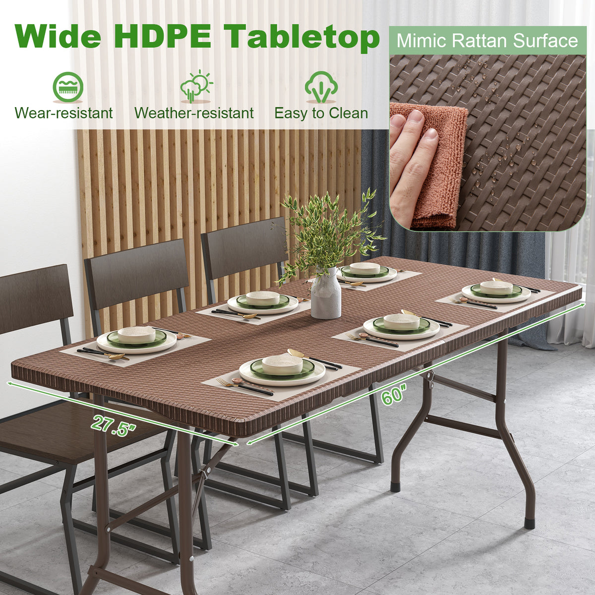 5FT Folding Picnic Table with Rattan Grain HDPE Tabletop and Sturdy