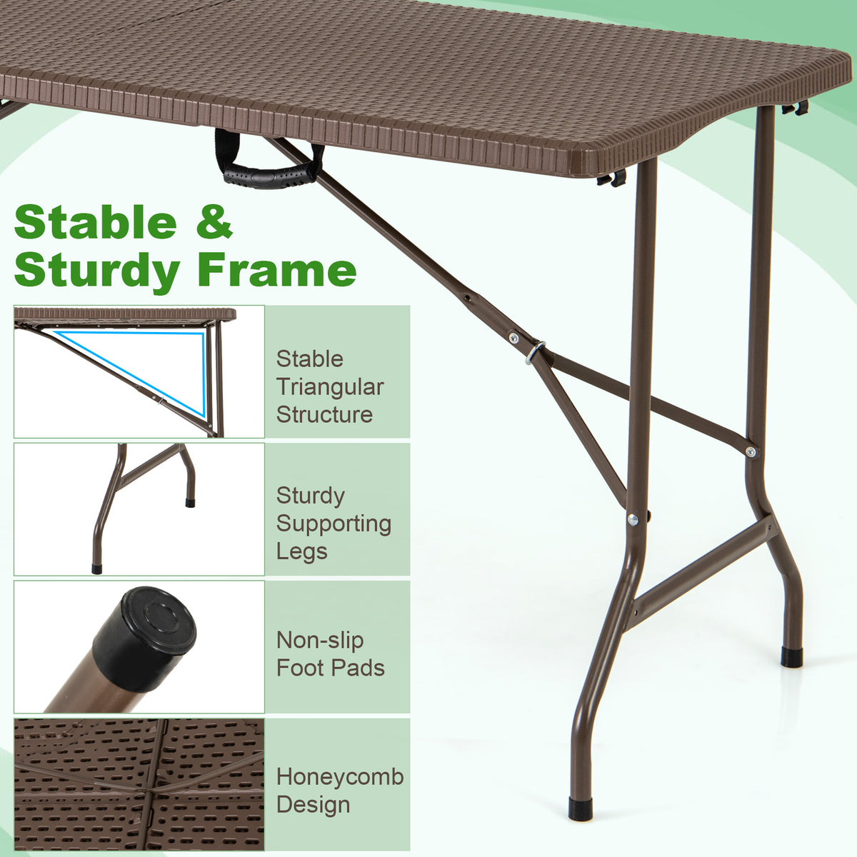 5FT Folding Picnic Table with Rattan Grain HDPE Tabletop and Sturdy