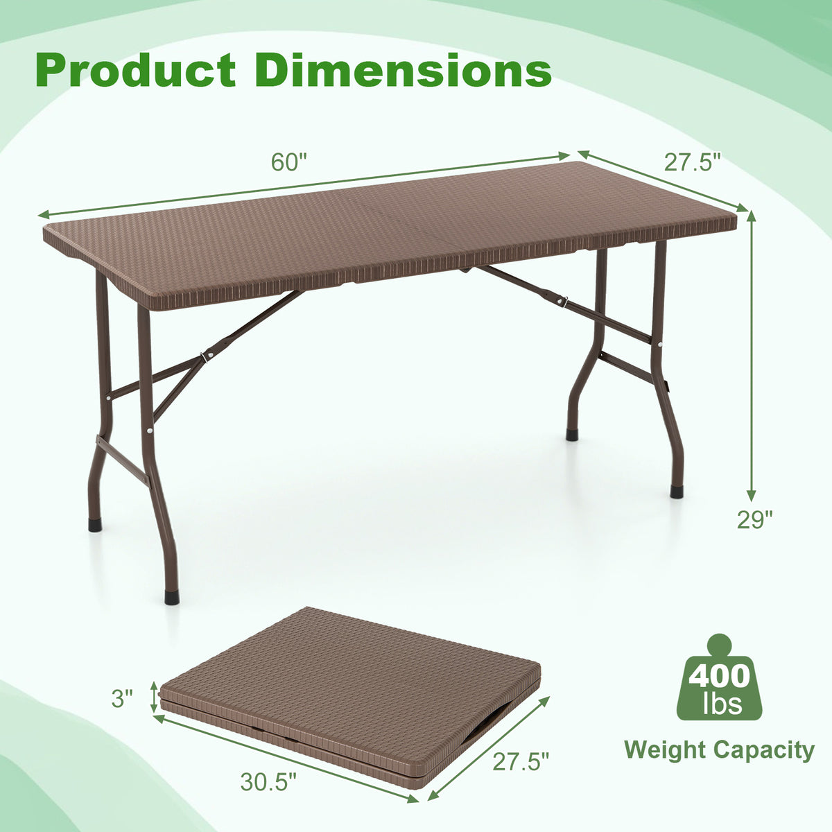 5FT Folding Picnic Table with Rattan Grain HDPE Tabletop and Sturdy