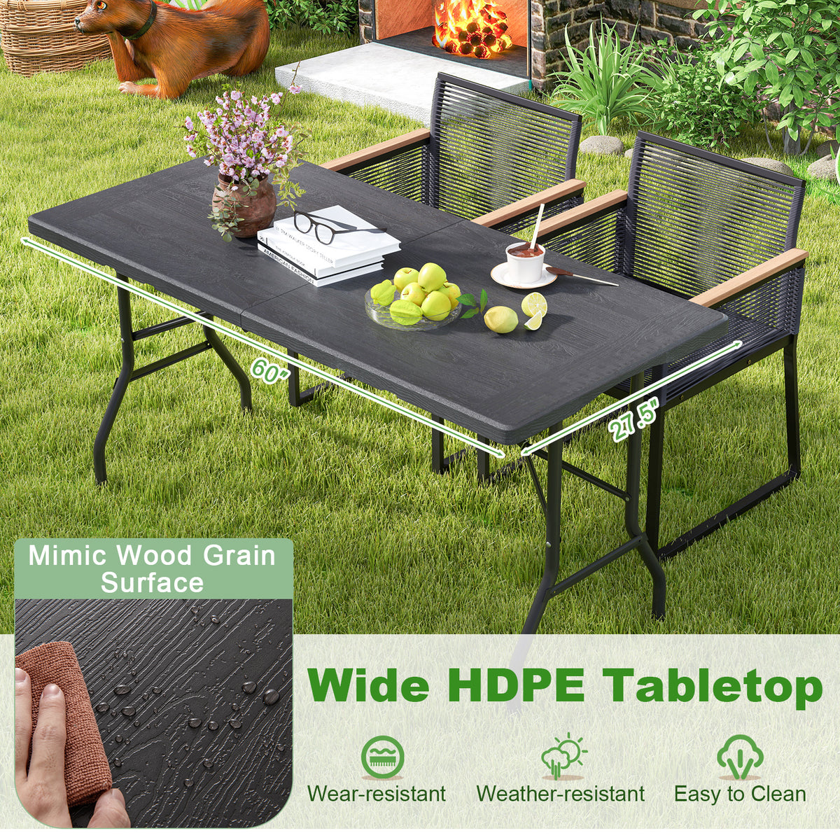 5FT Folding Picnic Table HDPE Tabletop 60" x 27.5" - Black