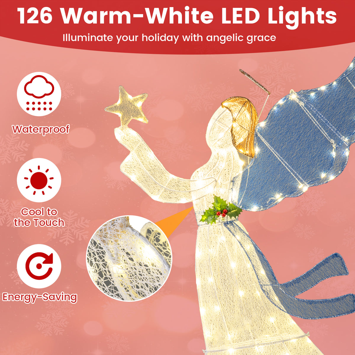 Lighted Angel Christmas Decoration with Wings & Warm LED Lights - Outdoor Indoor Holiday Decor