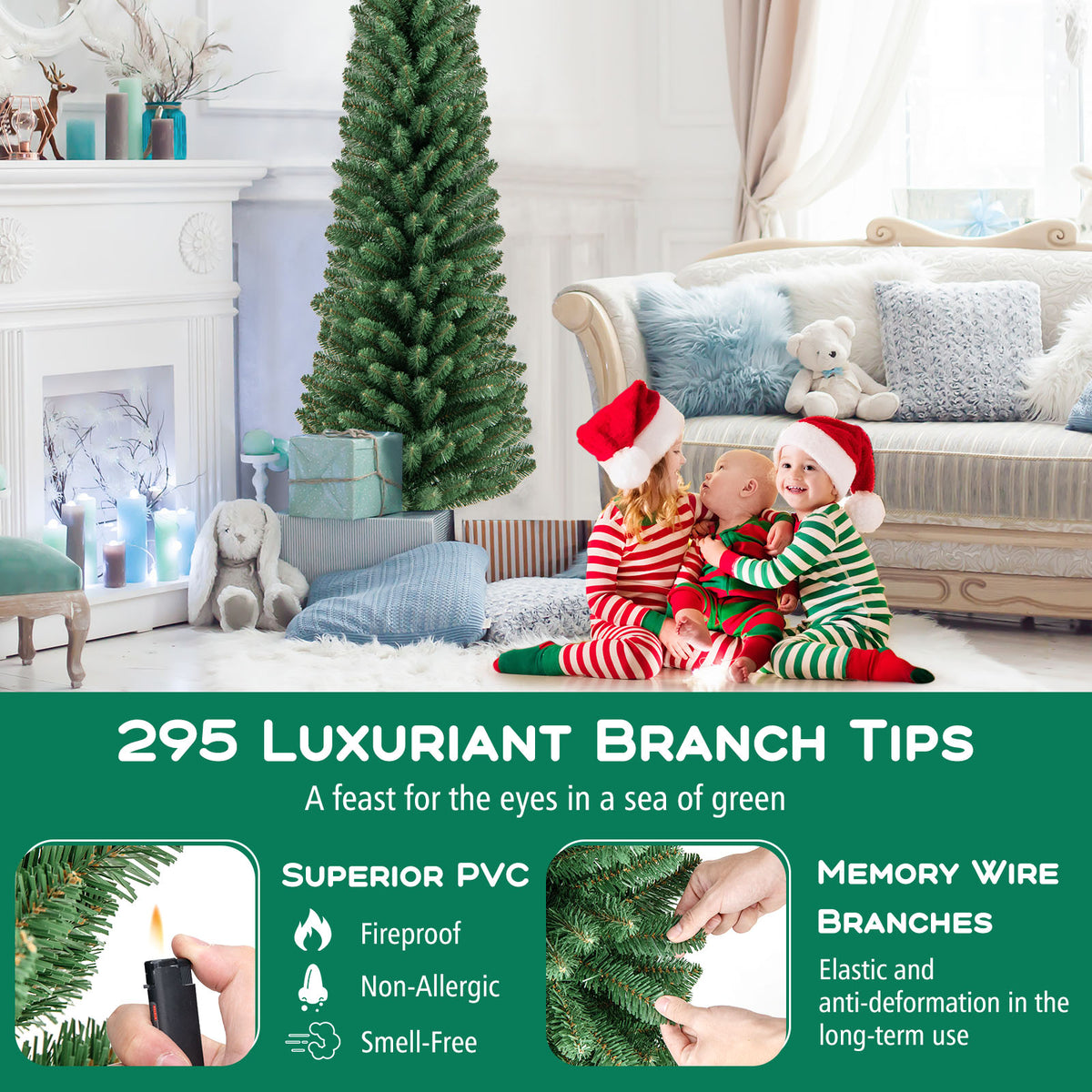 5 Ft Pencil Christmas Tree with Memory Wire Branch Tips - Costway