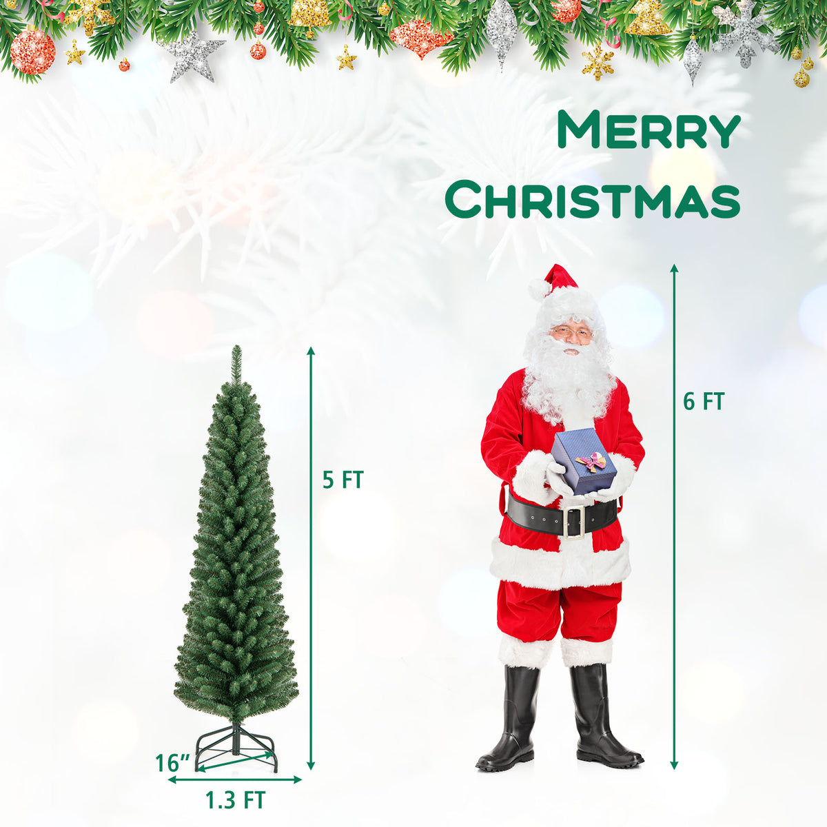 5 Ft Pencil Christmas Tree with Memory Wire Branch Tips - Costway