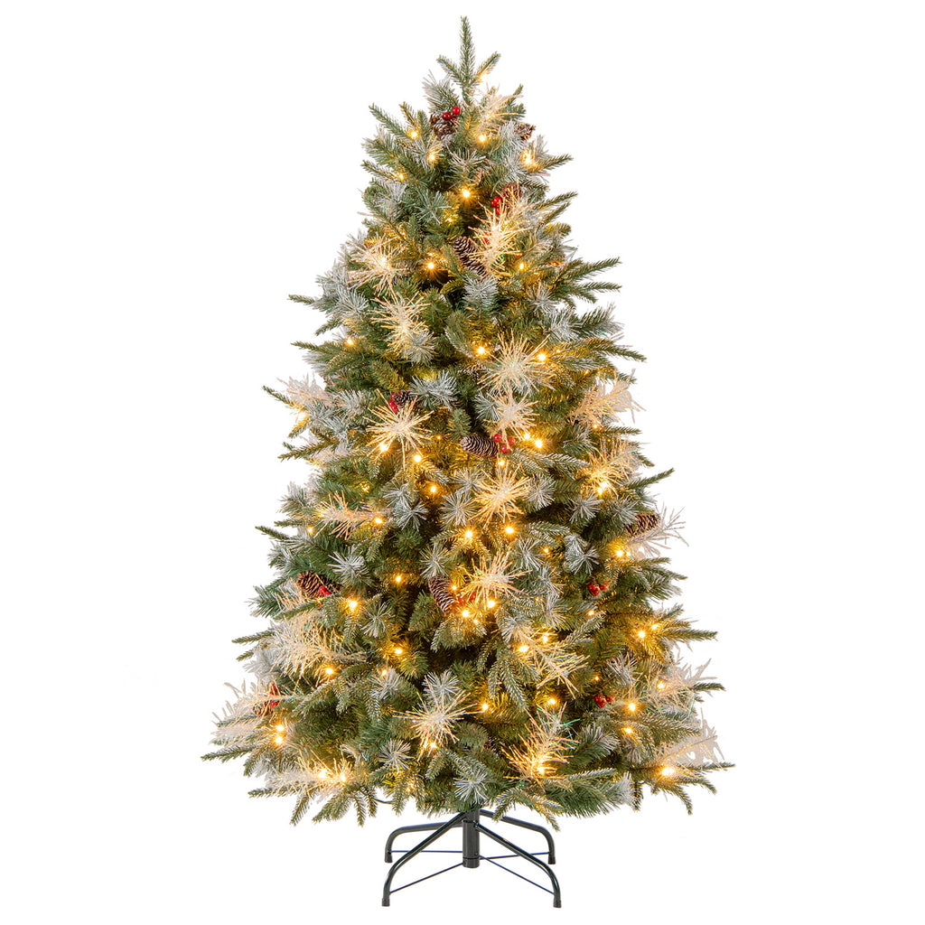 5 Ft Pre-Lit Artificial Christmas Tree with 8 Modes LED Lights & Red Berries - Costway