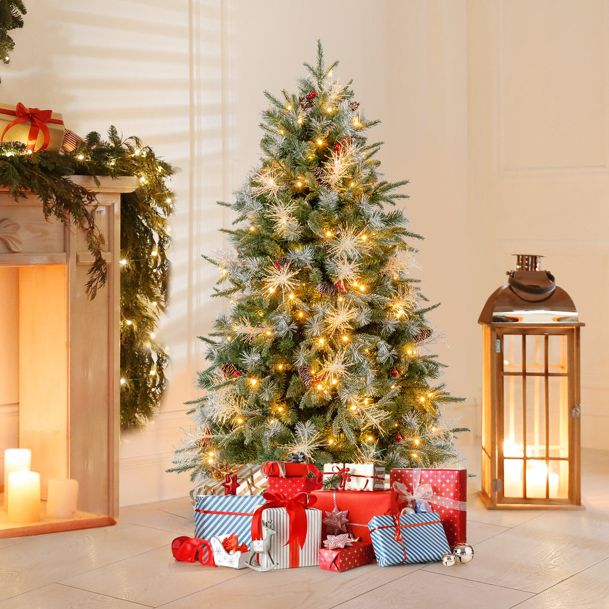 5 Ft Pre-Lit Artificial Christmas Tree with 8 Modes LED Lights & Red Berries - Costway