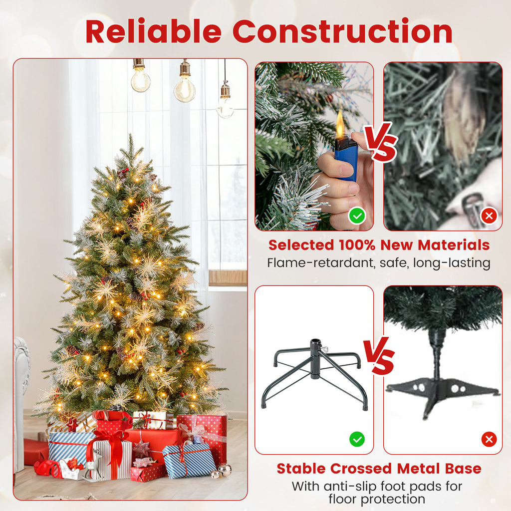 5 Ft Pre-Lit Artificial Christmas Tree with 8 Modes LED Lights & Red Berries - Costway