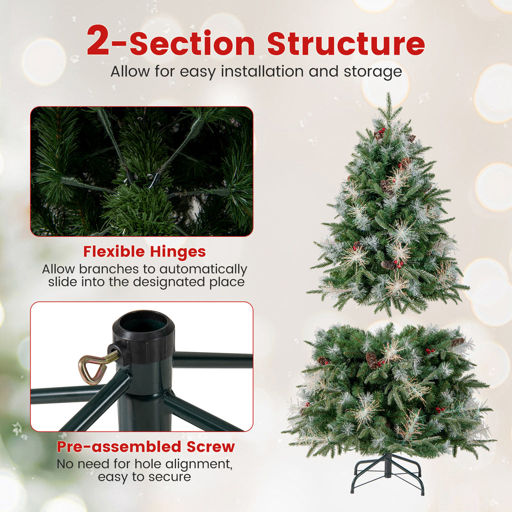 5 Ft Pre-Lit Artificial Christmas Tree with 8 Modes LED Lights & Red Berries - Costway