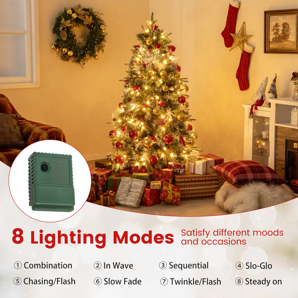 5 Ft Pre-Lit Artificial Christmas Tree with 8 Modes LED Lights & Red Berries - Costway