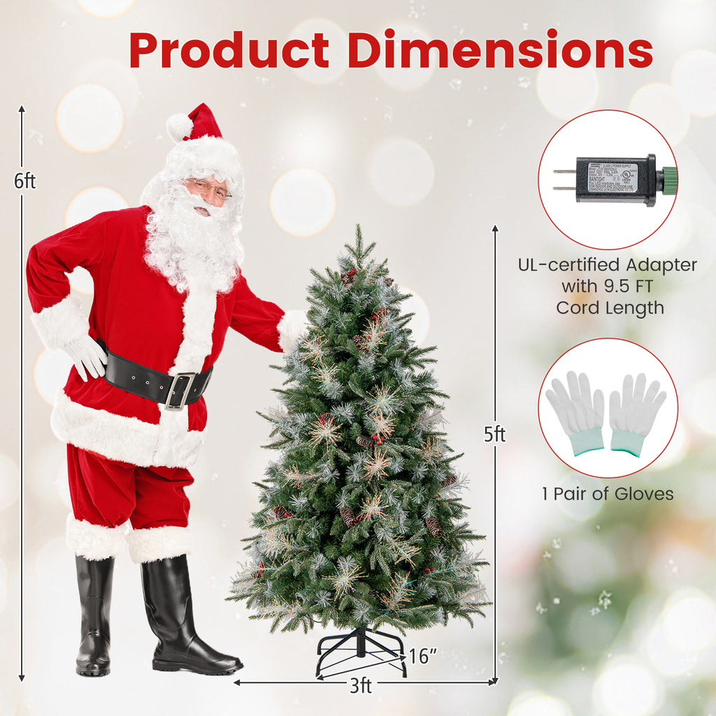 5 Ft Pre-Lit Artificial Christmas Tree with 8 Modes LED Lights & Red Berries - Costway