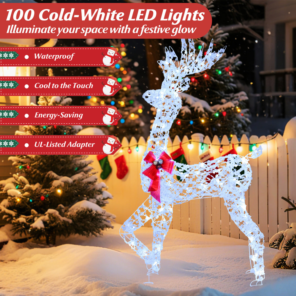 5 Feet Pre-Lit Christmas Reindeer with 100 LED Lights - Indoor Outdoor Decoration - 1 Piece
