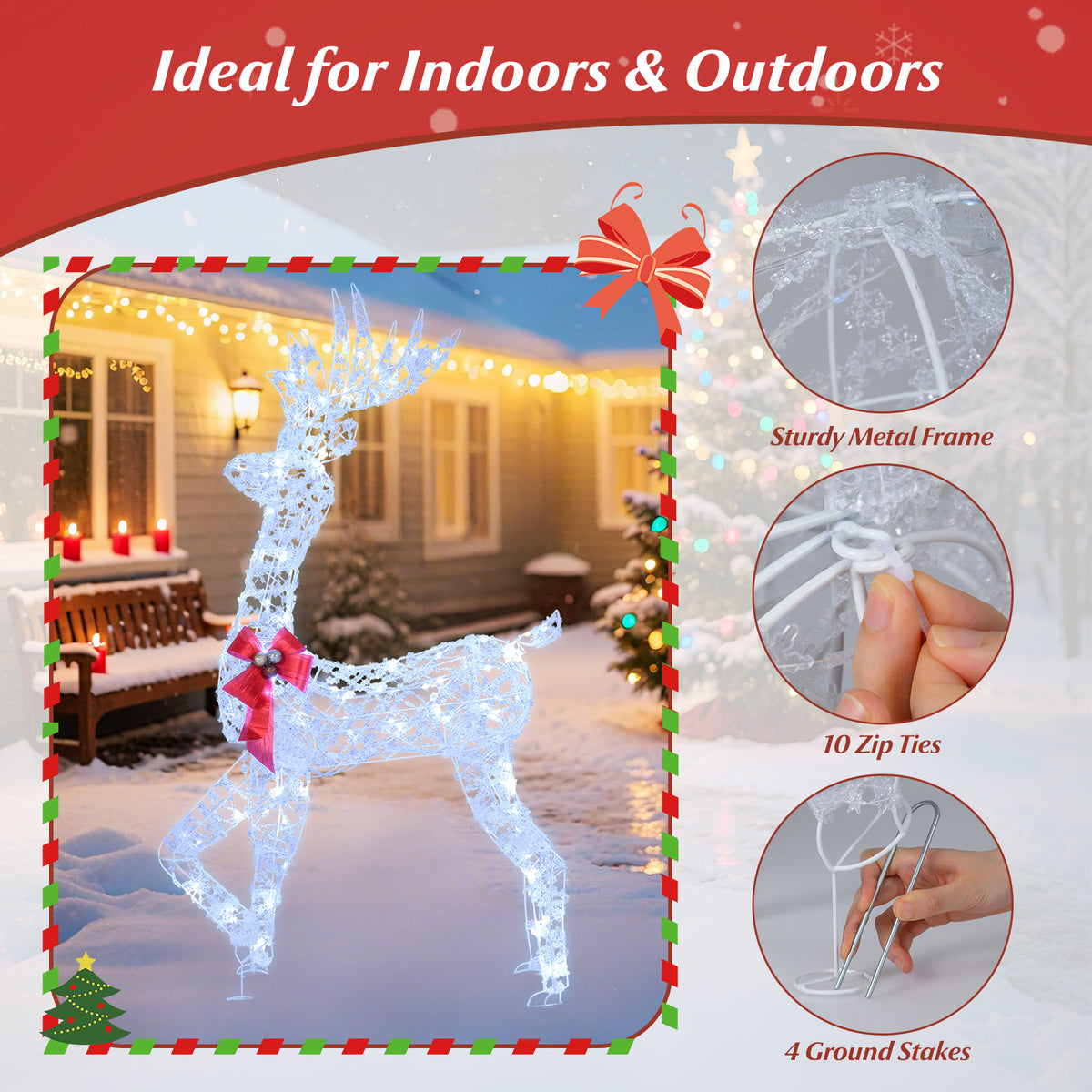 5 Feet Pre-Lit Christmas Reindeer with 100 LED Lights - Indoor Outdoor Decoration - 1 Piece