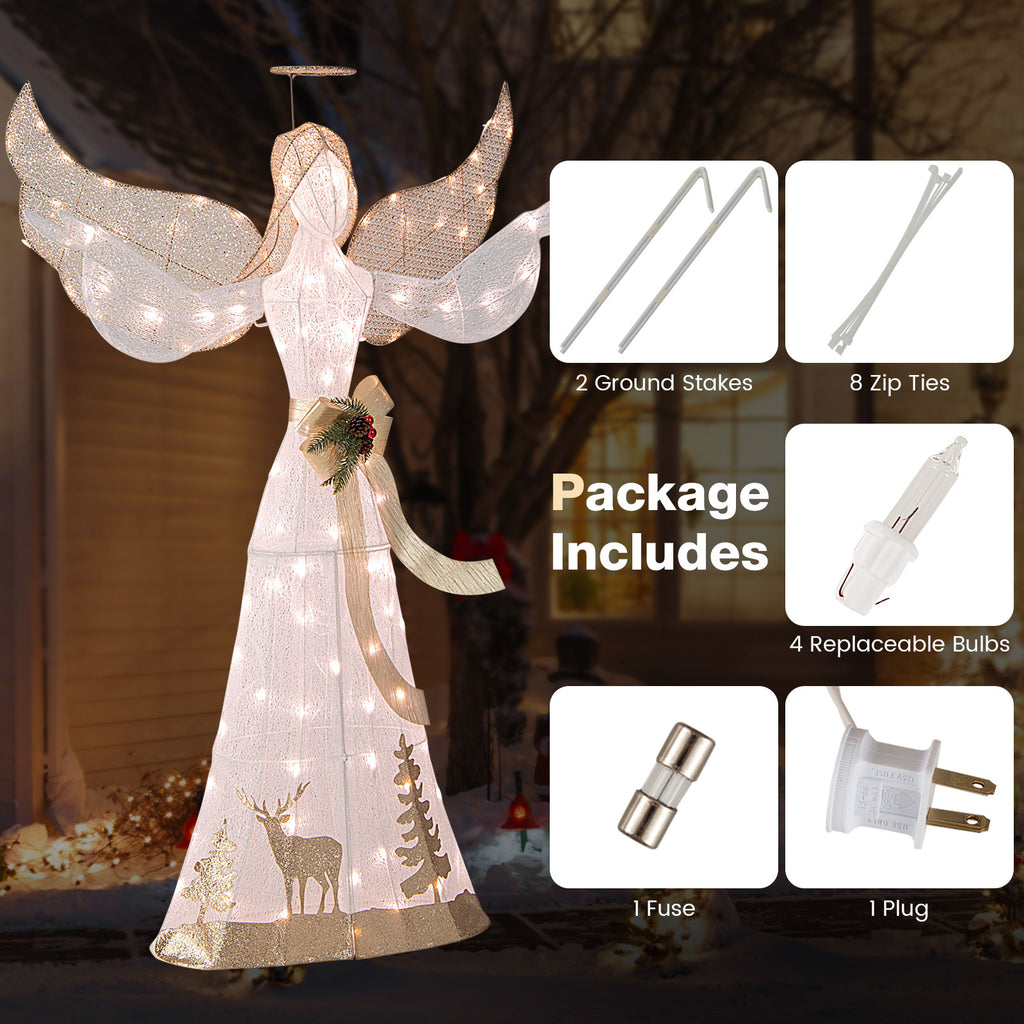 5 Feet Pre-lit 3D Glittered Christmas Angel with Warm White Lights & Bow