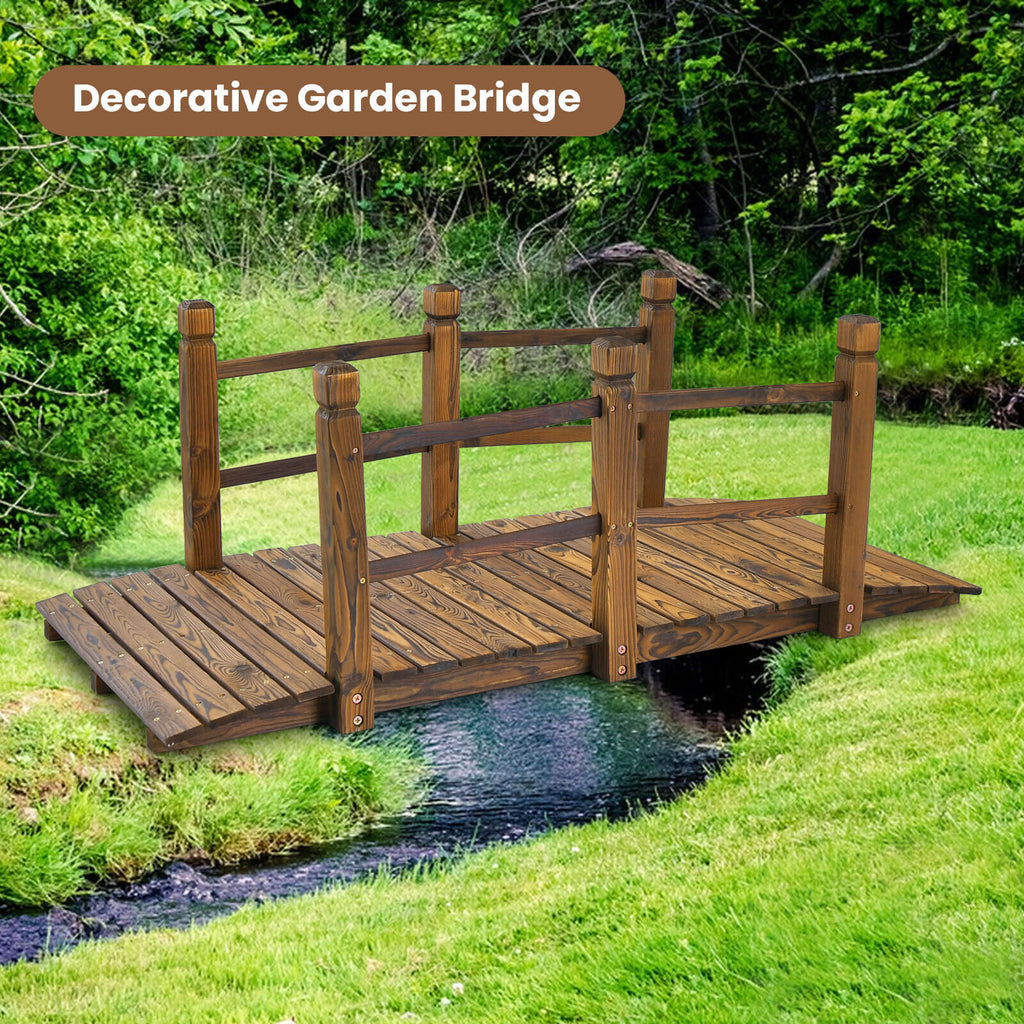 Fir Wood Garden Bridge 5 Feet with Safety Rails - Brown, 59 Inch L
