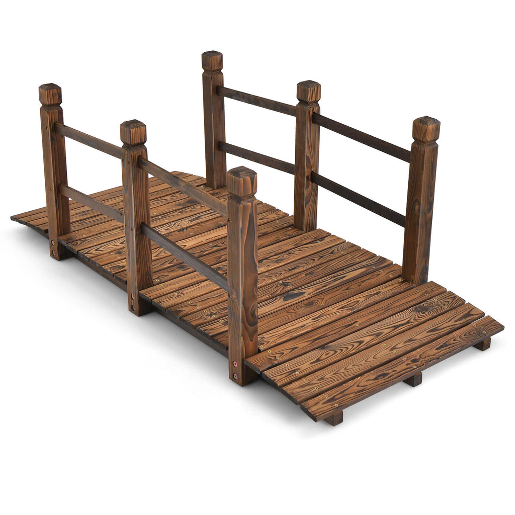 Fir Wood Garden Bridge 5 Feet with Safety Rails - Brown, 59 Inch L
