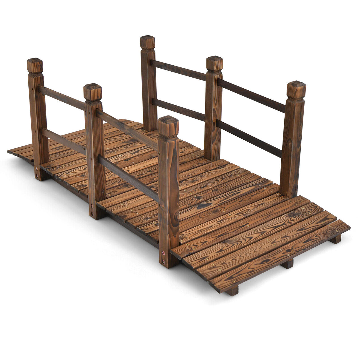 Fir Wood Garden Bridge 5 Feet with Safety Rails - Brown, 59 Inch L