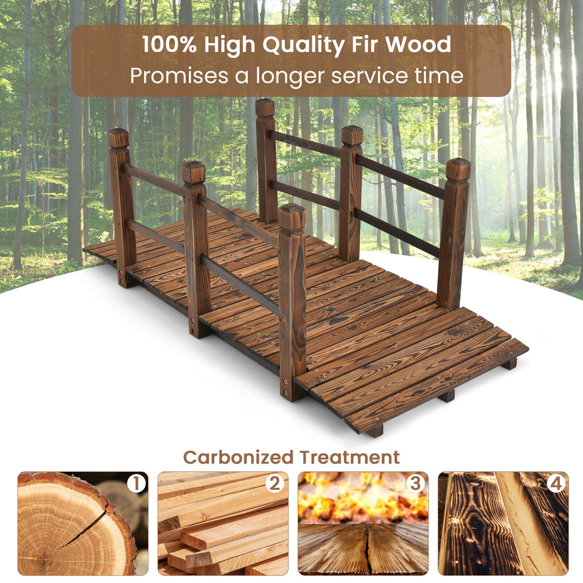 Fir Wood Garden Bridge 5 Feet with Safety Rails - Brown, 59 Inch L