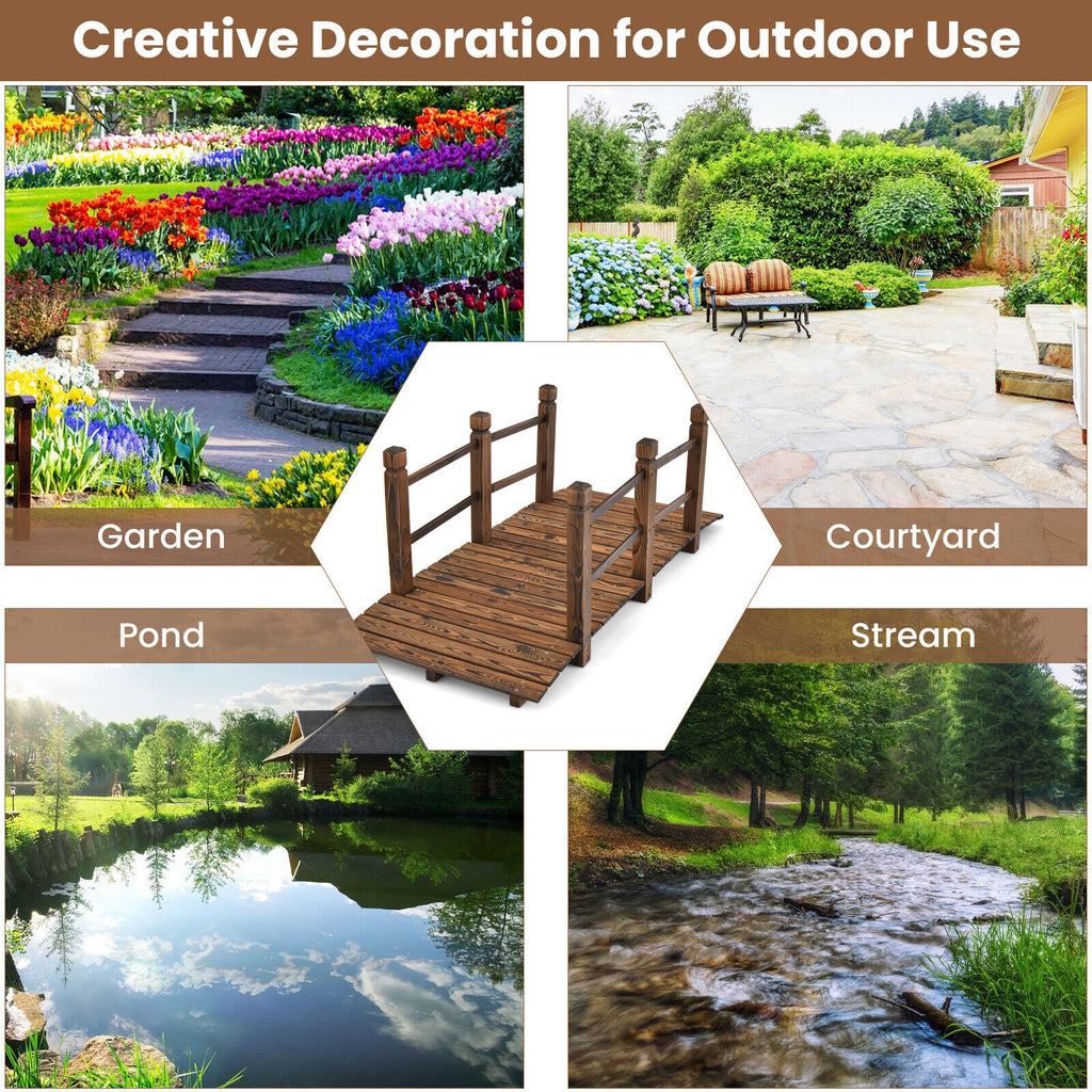 Fir Wood Garden Bridge 5 Feet with Safety Rails - Brown, 59 Inch L