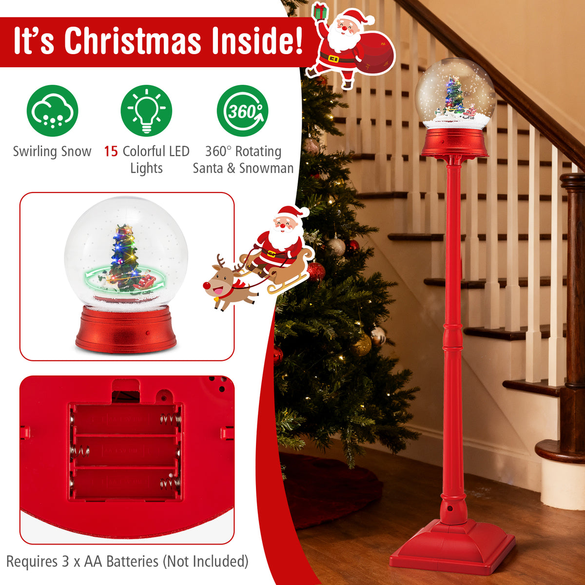 5 Ft Musical Christmas Street Lamp with 8 Tunes & Blowing Snow - Red, Variation