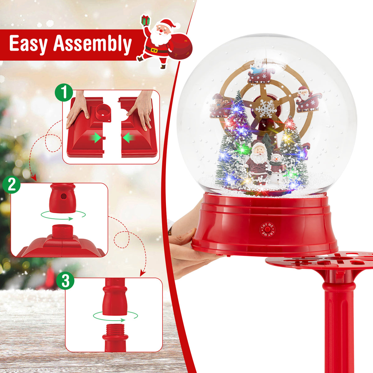 Christmas Snow Globe Lantern on Stand - Red, 5 Ft Musical Holiday Decor
