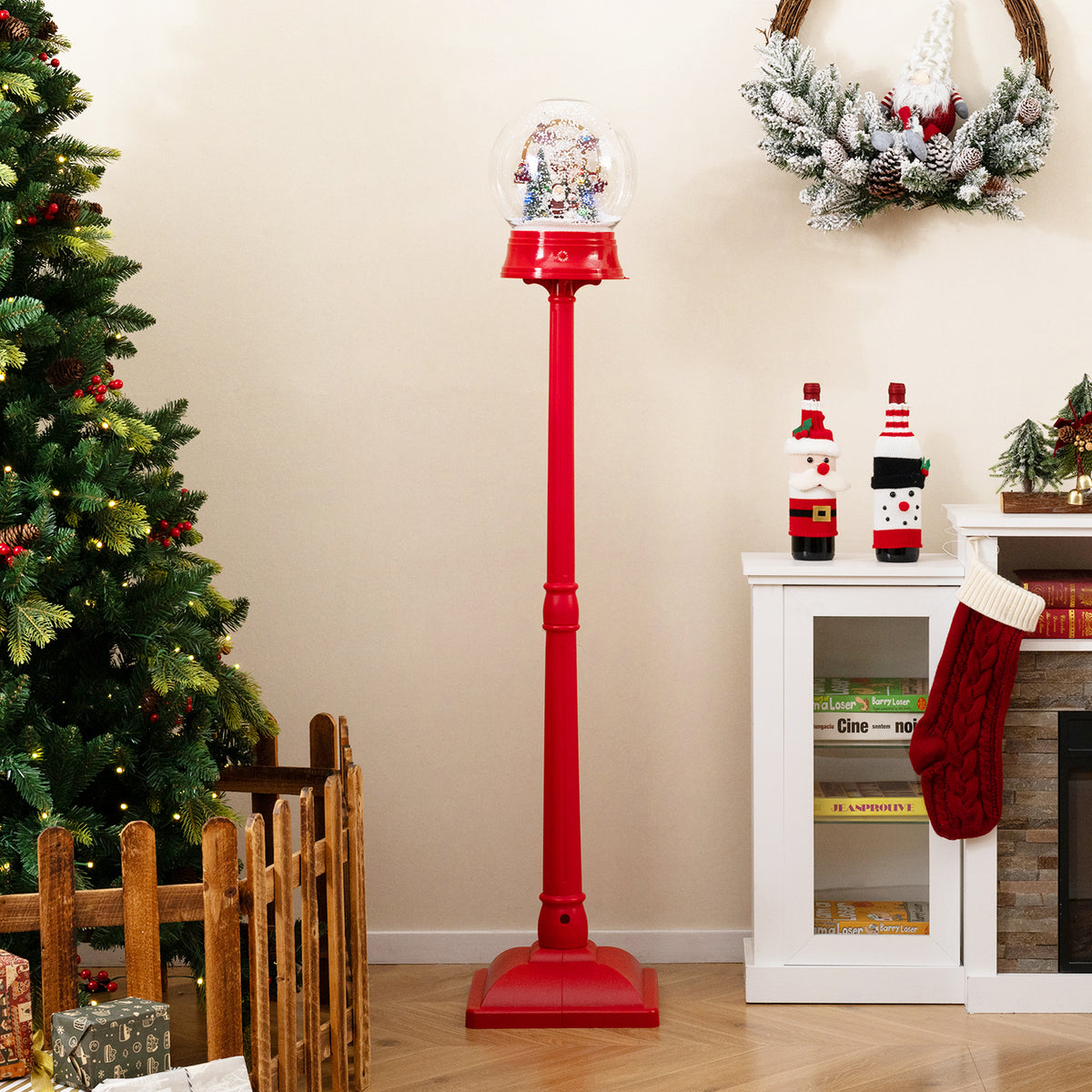 Christmas Snow Globe Lantern on Stand - Red, 5 Ft Musical Holiday Decor