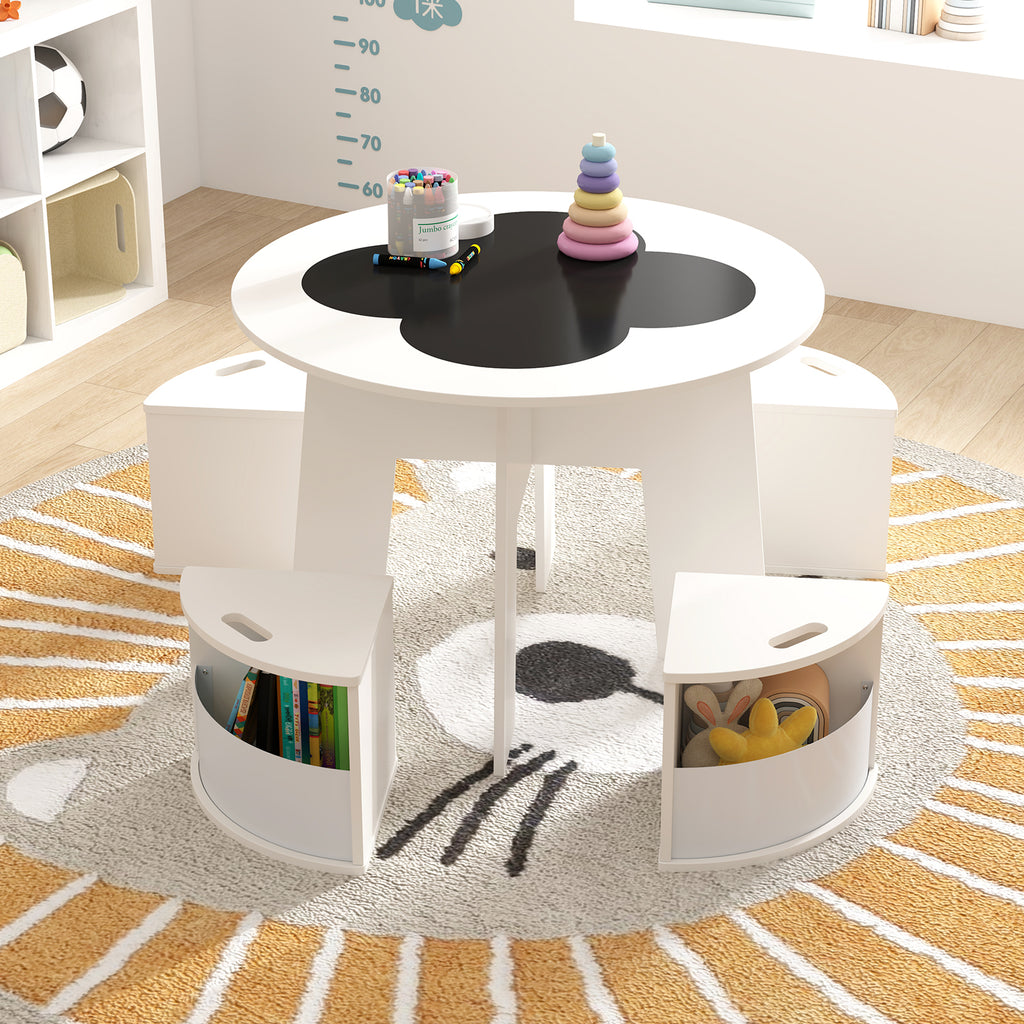 Kids Table and Chair Set with Storage Stools - Writable Tabletop, White