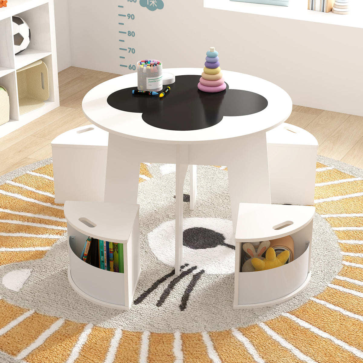 Kids Table and Chair Set with Storage Stools - Writable Tabletop, White