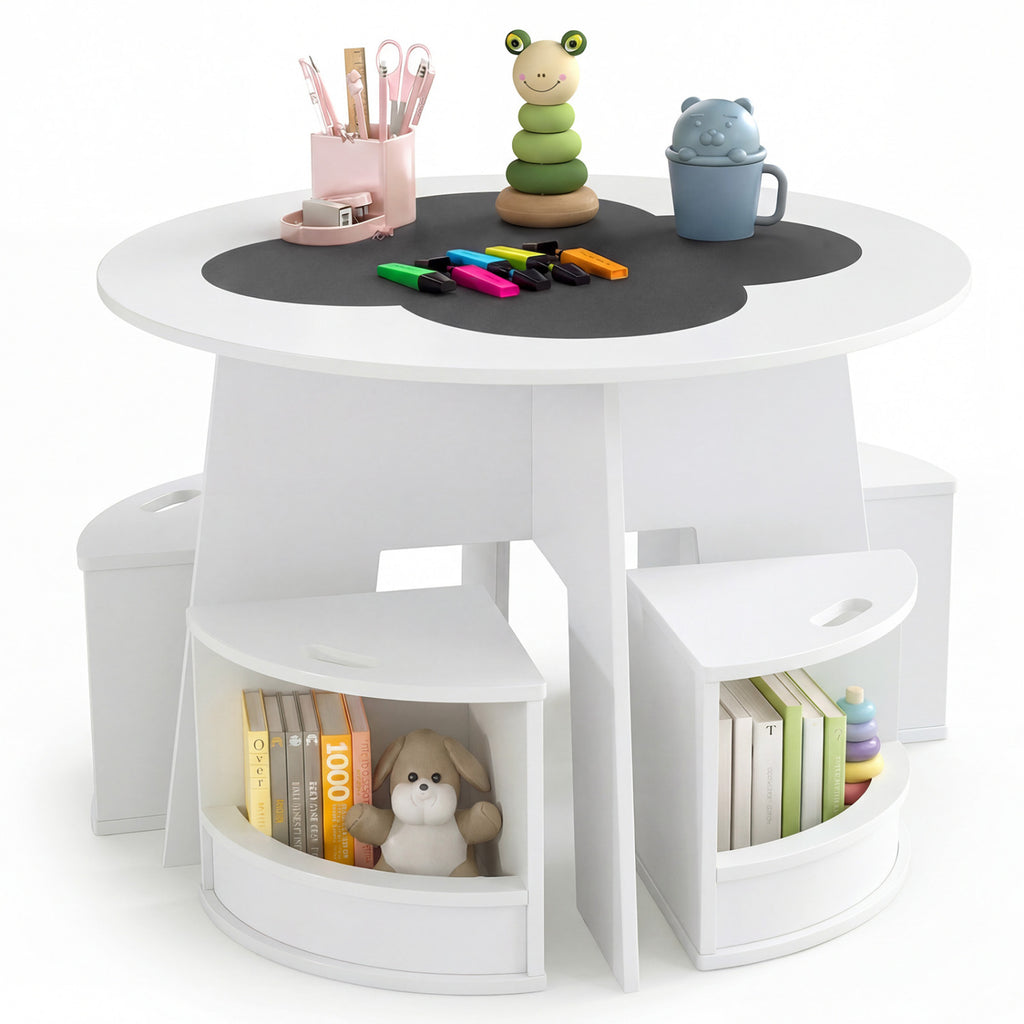 Kids Table and Chair Set with Storage Stools - Writable Tabletop, White