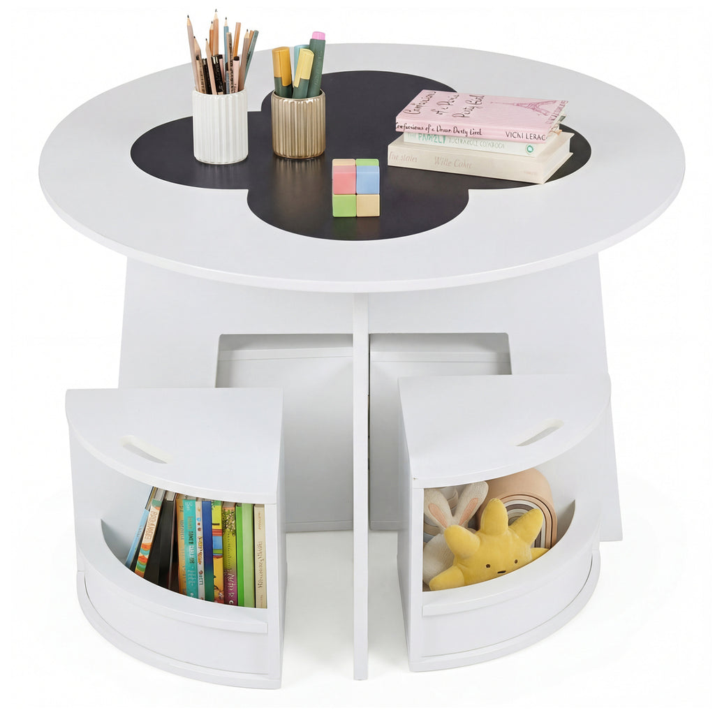 Kids Table and Chair Set with Storage Stools - Writable Tabletop, White