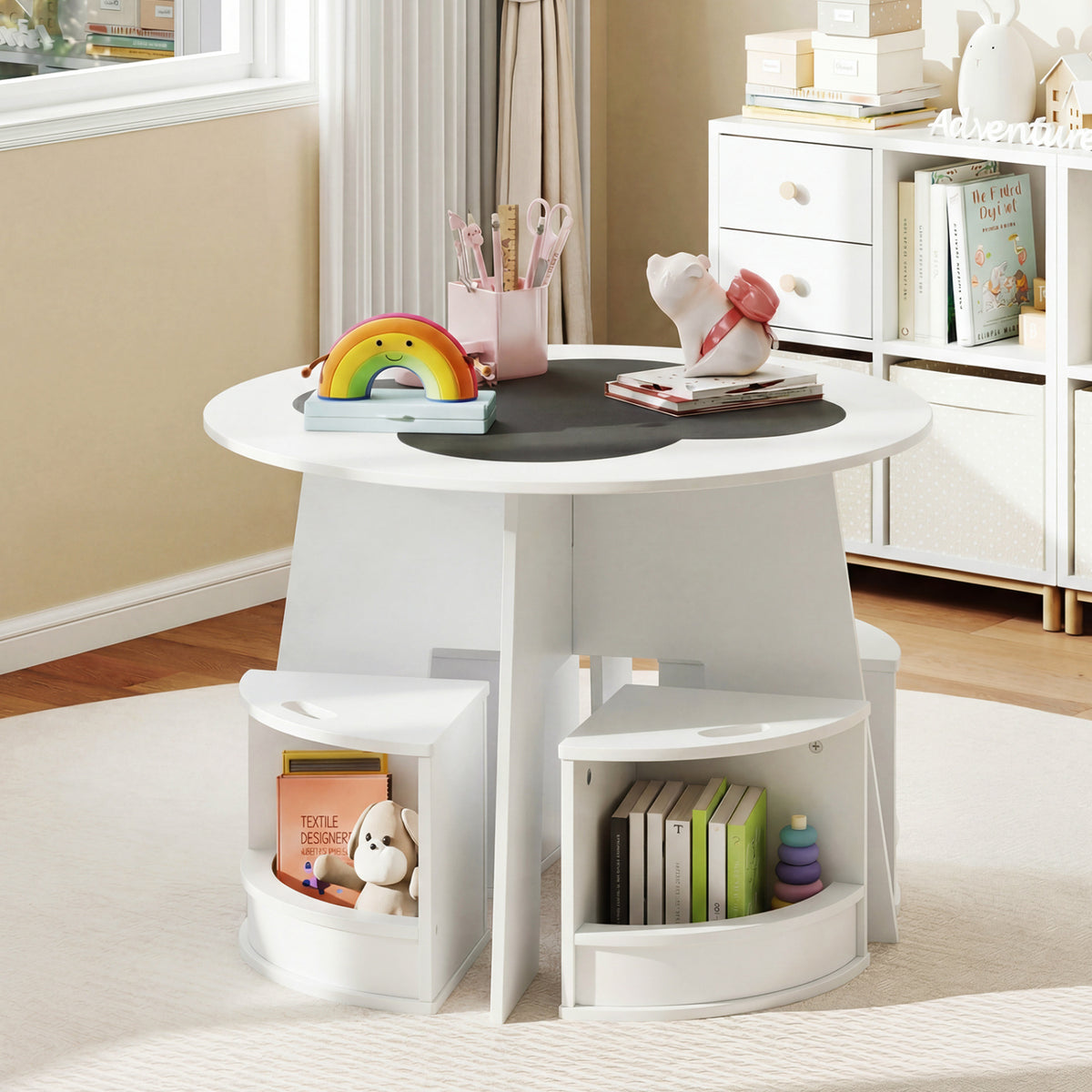 Kids Table and Chair Set with Storage Stools - Writable Tabletop, White