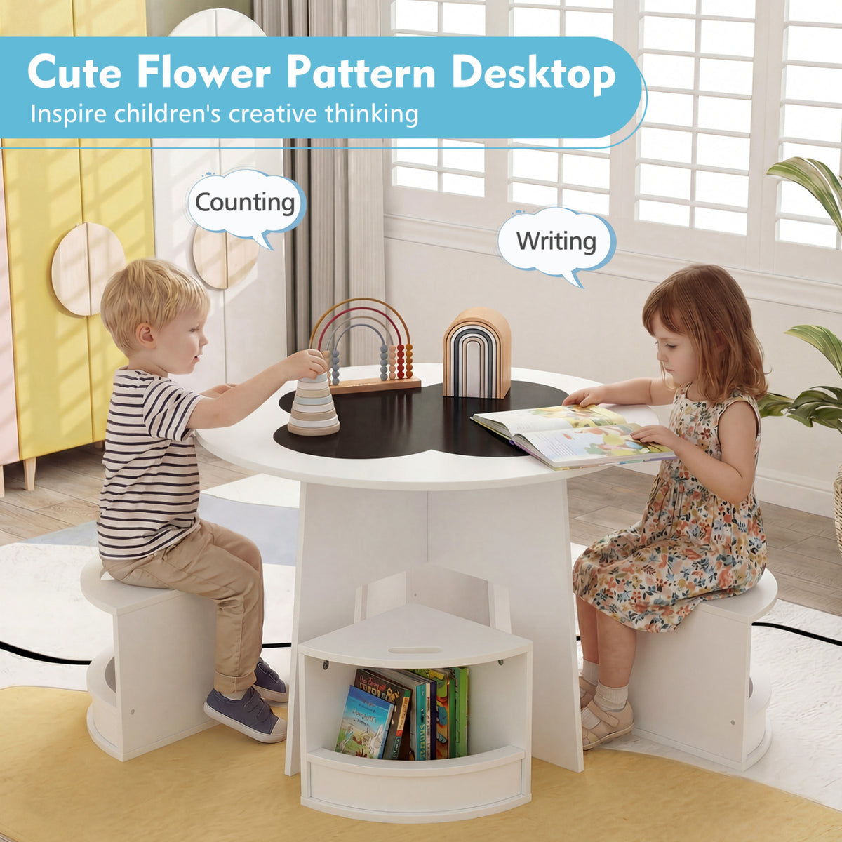 Kids Table and Chair Set with Storage Stools - Writable Tabletop, White